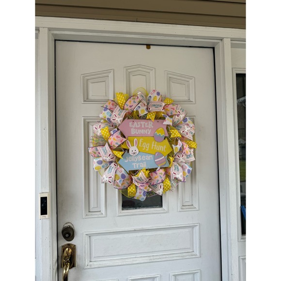Easter Bunny Jelly Bean Trail Egg Hunt Sign Mesh Ribbon Spring Wreath - Picture 8 of 8